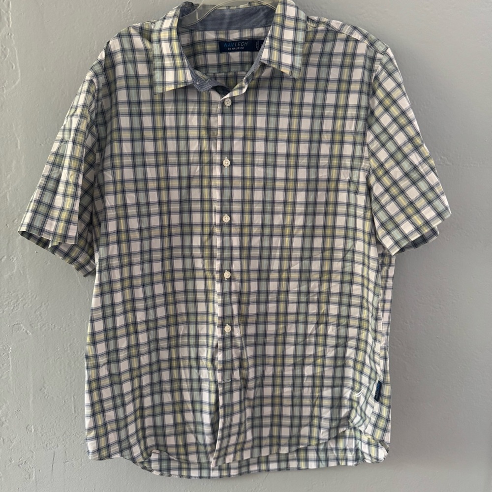 Nautica Navtech Men's Green and Blue Checkered Short Sleeve Button Down Shirt XL